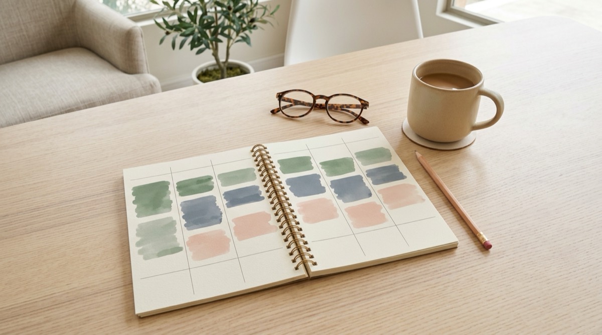 Vista cenital de una agenda semanal en papel con bloques de colores suaves salvia, pizarra y rosa, un lápiz y una taza sobre madera clara