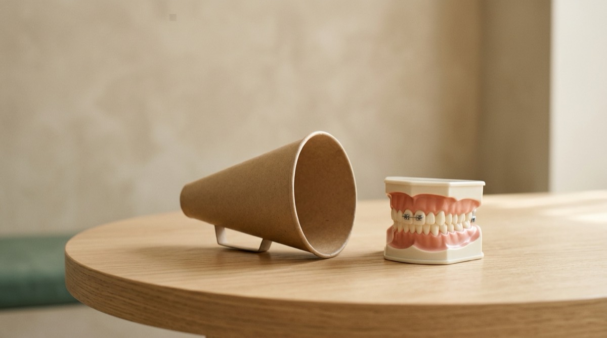 Megáfono de papel kraft pequeño apoyado sobre una mesa clara junto a un modelo dental, fondo arena y luz suave