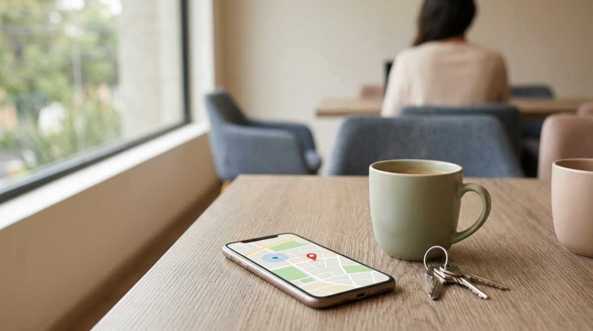 Celular sobre una mesa mostrando un mapa con un pin, junto a unas llaves y una taza, luz de mañana, sin texto legible