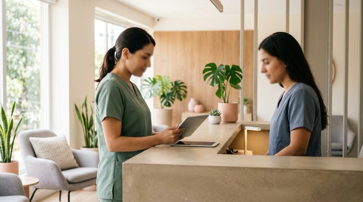 Dos personas con uniforme clínico revisando juntas una tablet en la recepción de un consultorio dental luminoso, rostros desenfocados