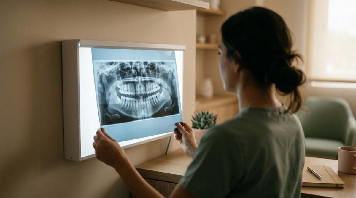 Radiografía panorámica dental iluminada sobre un negatoscopio moderno en un consultorio en penumbra suave, tonos azul pizarra