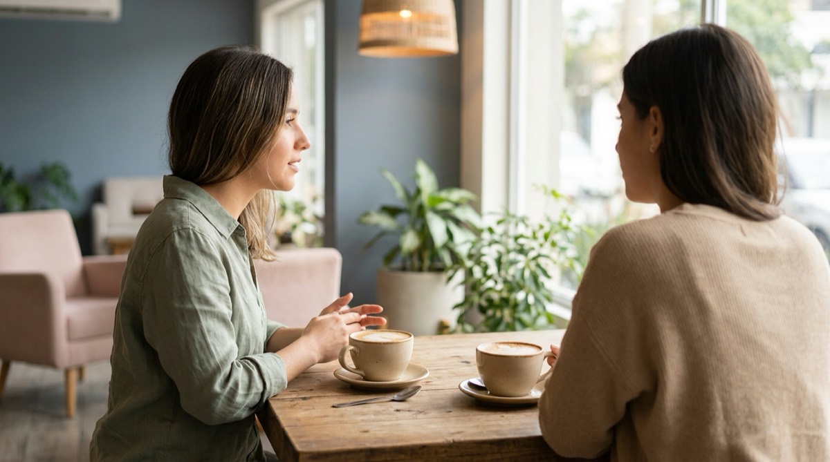Dos tazas de café sobre una mesa de cafetería luminosa, una frente a la otra, ambiente de conversación entre amigos, tonos cálidos