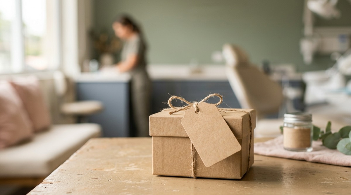 Etiqueta de papel kraft atada con hilo sobre una caja de material dental, fondo arena y salvia desenfocado, luz suave