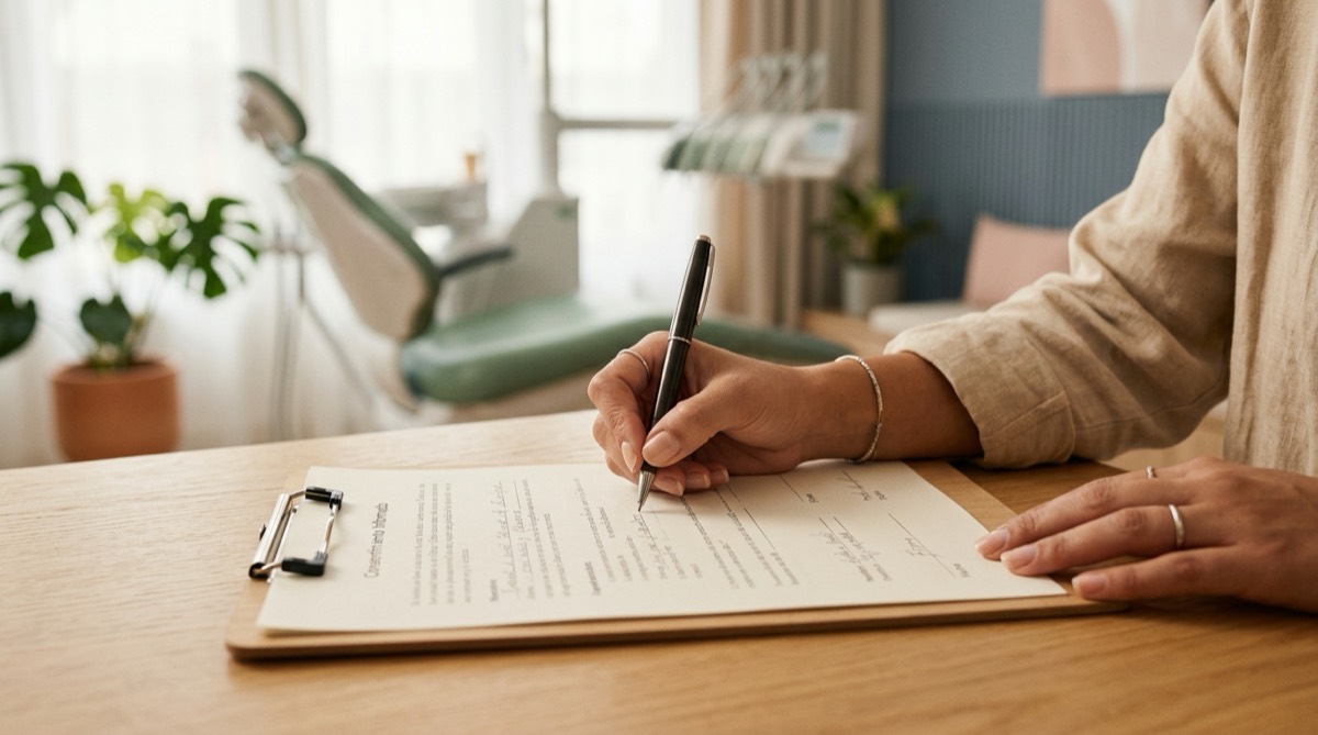 Mano de una persona vista de cerca firmando con bolígrafo una hoja sobre una tabla sujetapapeles, texto ilegible, consultorio dental desenfocado al fondo, luz cálida