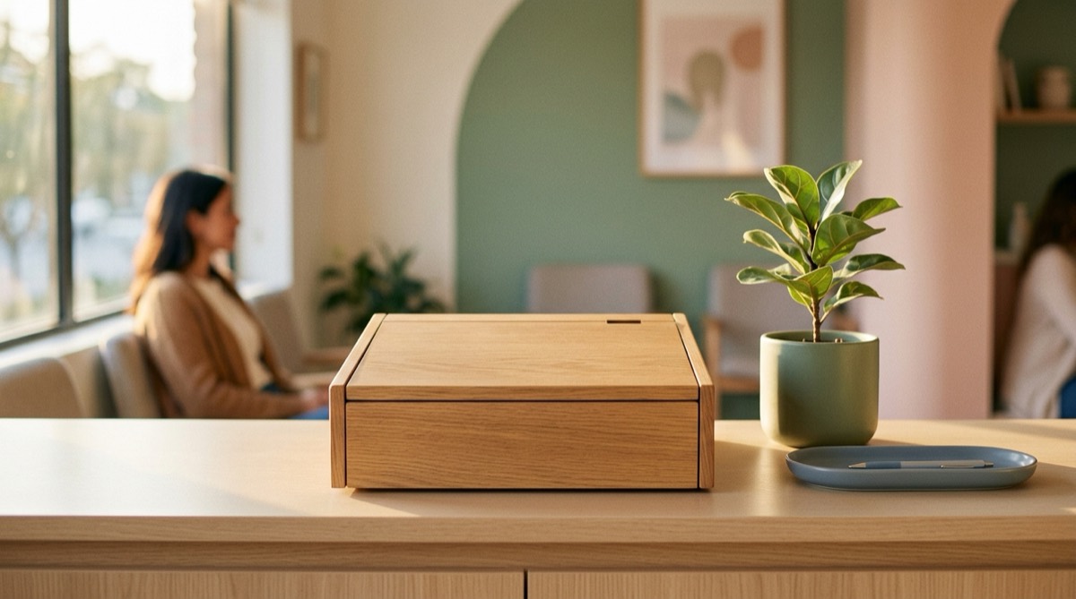 Caja registradora de madera minimalista cerrada sobre el mostrador de una recepción dental, luz de atardecer, planta al costado