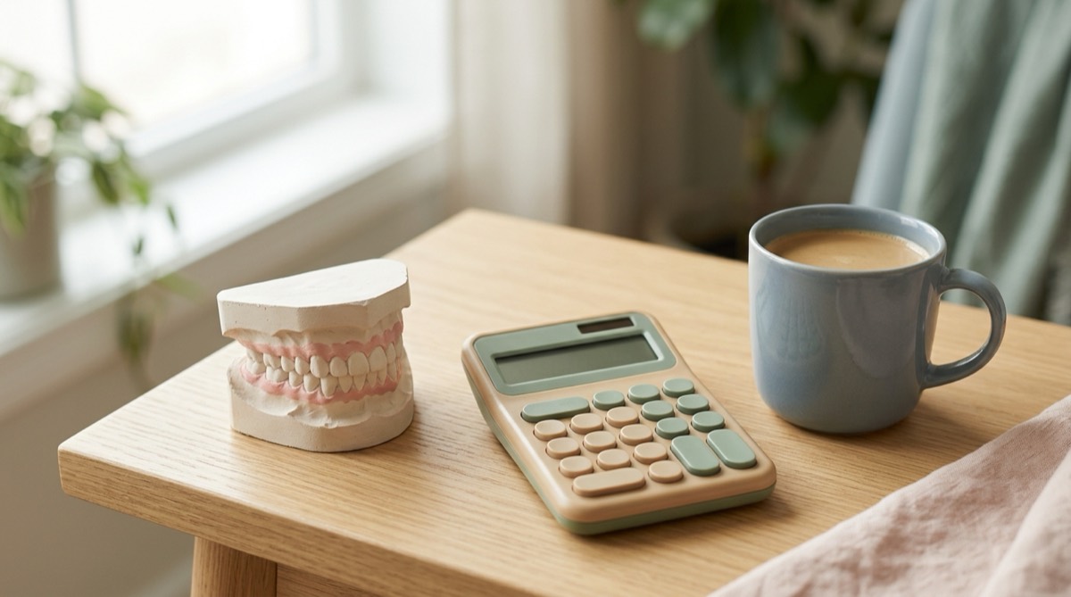 Calculadora de escritorio y una taza de café junto a un modelo dental de yeso sobre una mesa de madera clara, luz de mañana, tonos arena y rosa suave