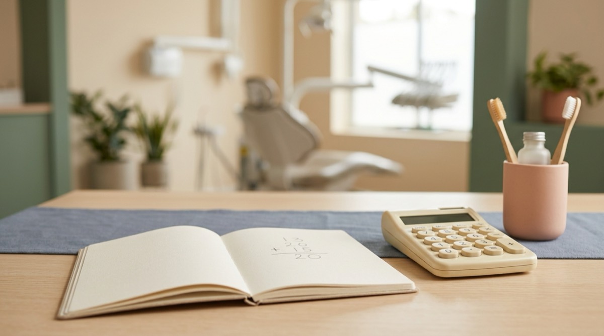 Libreta abierta con una cuenta simple escrita a lápiz junto a una calculadora y un vaso con cepillos de dientes, escritorio de madera clara