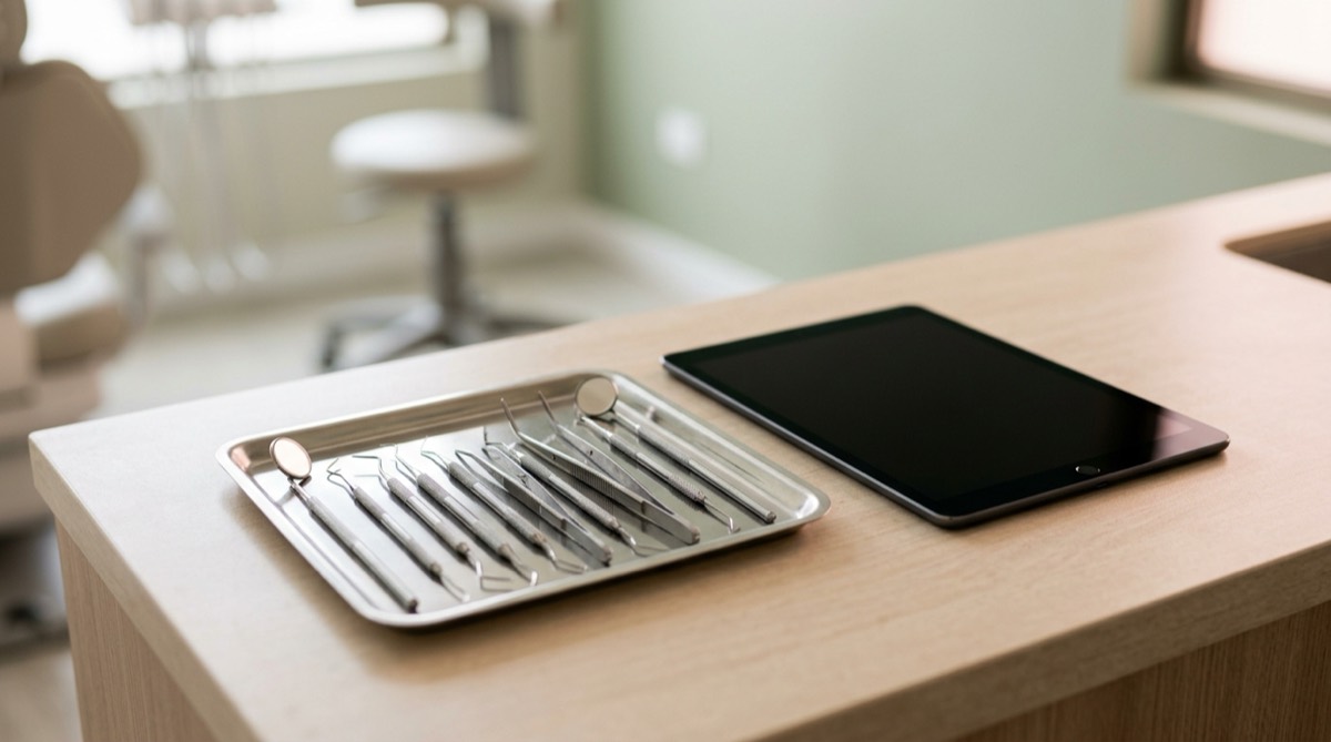 Bandeja de instrumental dental ordenado en fila junto a una tablet apagada sobre un mesón claro de consultorio, luz natural, tonos pizarra y arena