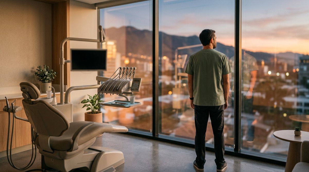 Odontólogo de espaldas mirando por la ventana de su consultorio al atardecer, sillón dental vacío y ordenado, ambiente tranquilo