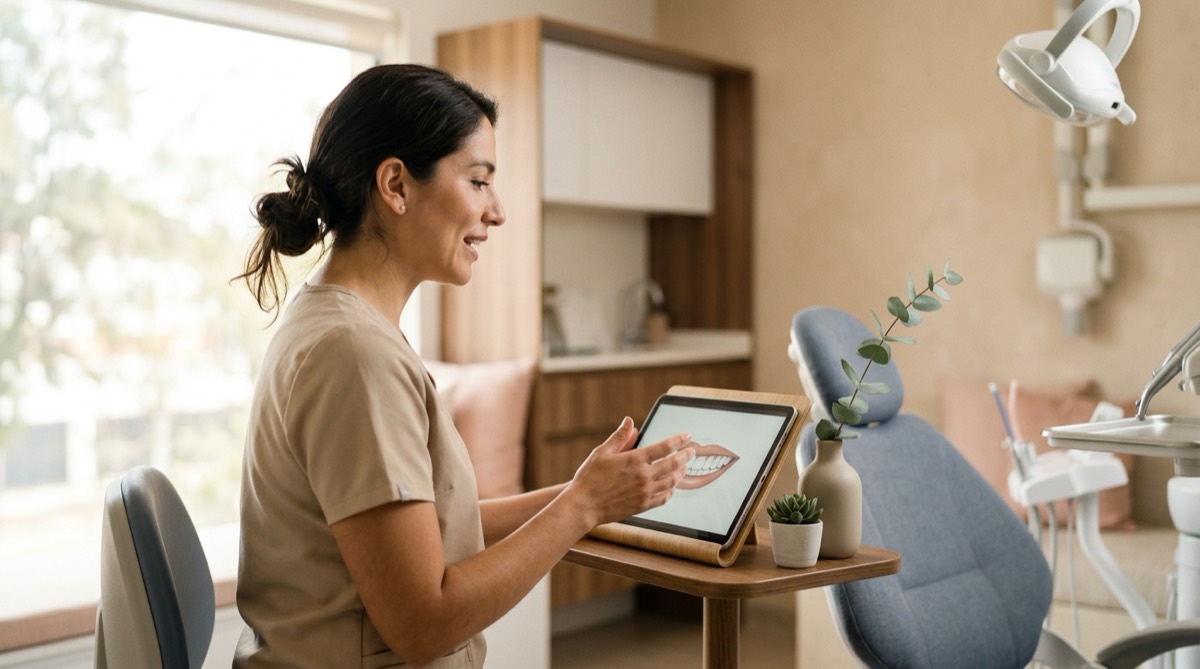 Odontóloga hablando frente a una tablet apoyada en un soporte junto al sillón dental, gesto natural, luz clínica cálida, rostro de perfil desenfocado