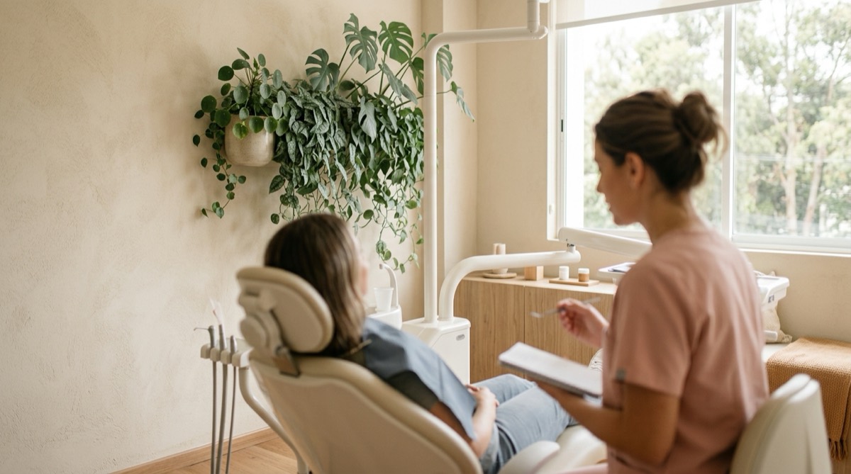 Consultorio dental moderno y luminoso con sillón claro, paredes color arena, una pared con planta colgante verde salvia y luz natural amplia