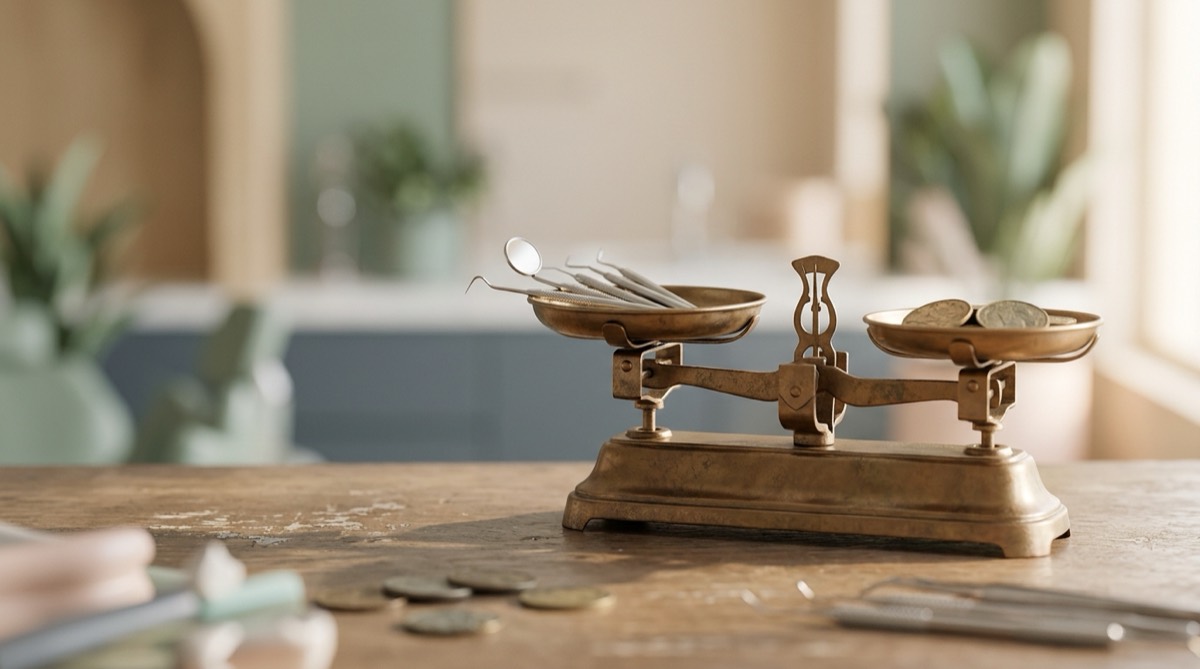 Balanza de cocina antigua de bronce sobre una mesa con instrumental dental y monedas desenfocadas, tonos arena y luz cálida lateral