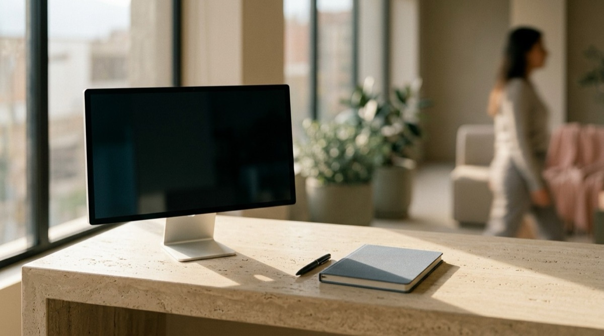 Monitor, lapicero y libreta cerrada sobre el mostrador de recepción de un consultorio, con una persona desenfocada al fondo y luz de la tarde entrando por la ventana, tonos arena y pizarra