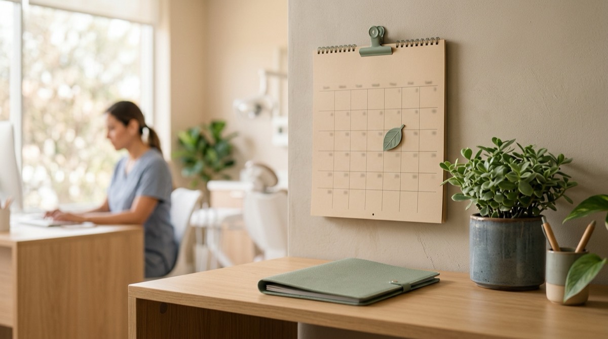 Calendario de pared sin números legibles con una hoja marcada por un clip salvia, junto a una planta y una carpeta sobre un escritorio de consultorio, luz de mañana