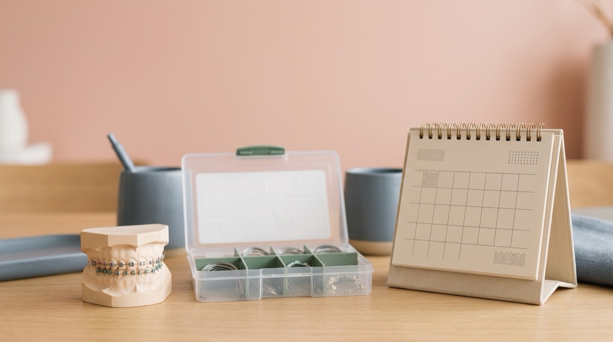 Modelo de yeso con brackets metálicos junto a una caja de arcos de ortodoncia y un calendario de escritorio sin números legibles, luz cálida, fondo rosa suave