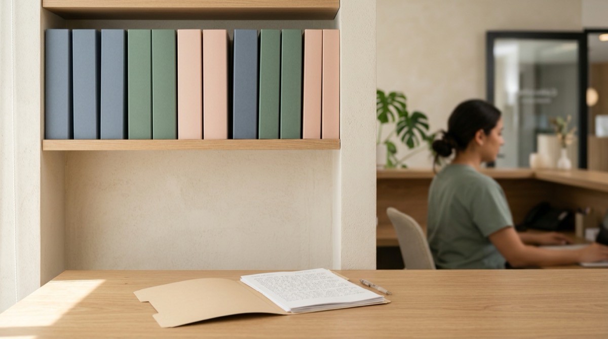 Estante con carpetas clínicas de colores suaves ordenadas y una carpeta abierta con hojas ilegibles sobre una mesa, luz natural, tonos pizarra y arena
