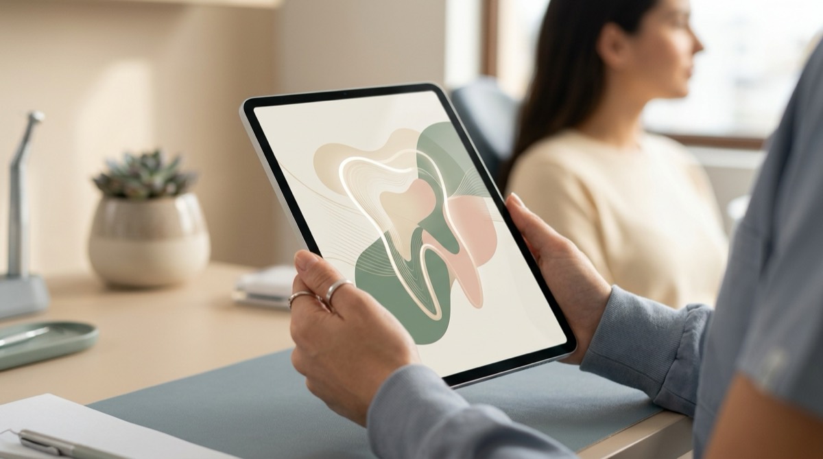 Mano de odontólogo sosteniendo una tablet con un gráfico abstracto luminoso sobre un escritorio clínico ordenado, tonos pizarra y arena