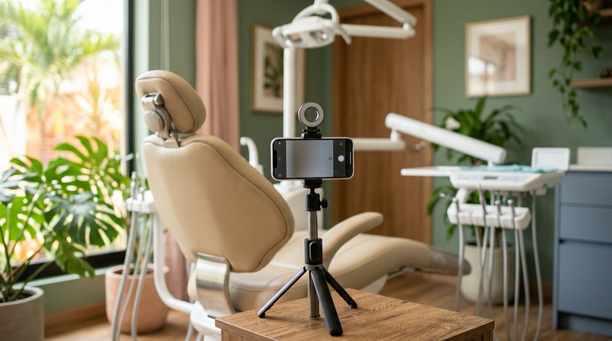 Celular en un trípode pequeño frente a un sillón dental vacío en un consultorio luminoso, preparado para grabar un video corto