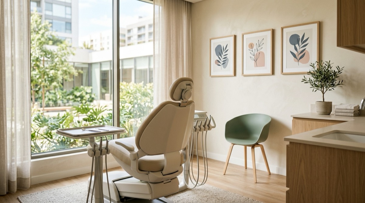 Sillón dental vacío en un consultorio ordenado con luz de mañana entrando por la ventana, una silla de espera al fondo, tonos cálidos