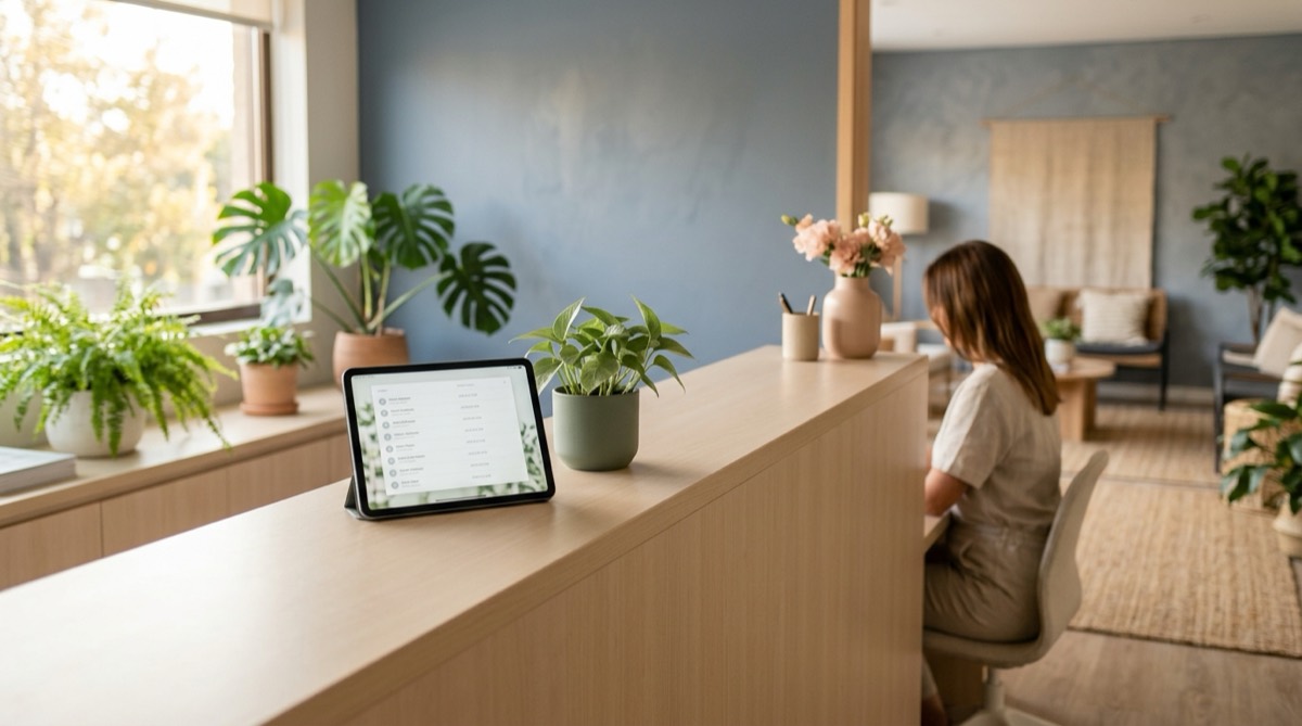 Recepción luminosa de una clínica dental moderna, una tablet sobre el mostrador con una lista de contactos, plantas verdes y luz cálida de la tarde