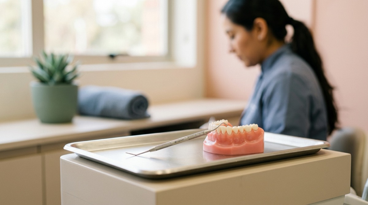 Sonda periodontal milimetrada apoyada sobre una bandeja metálica junto a un modelo de encías rosado, luz clínica suave, fondo pizarra desenfocado