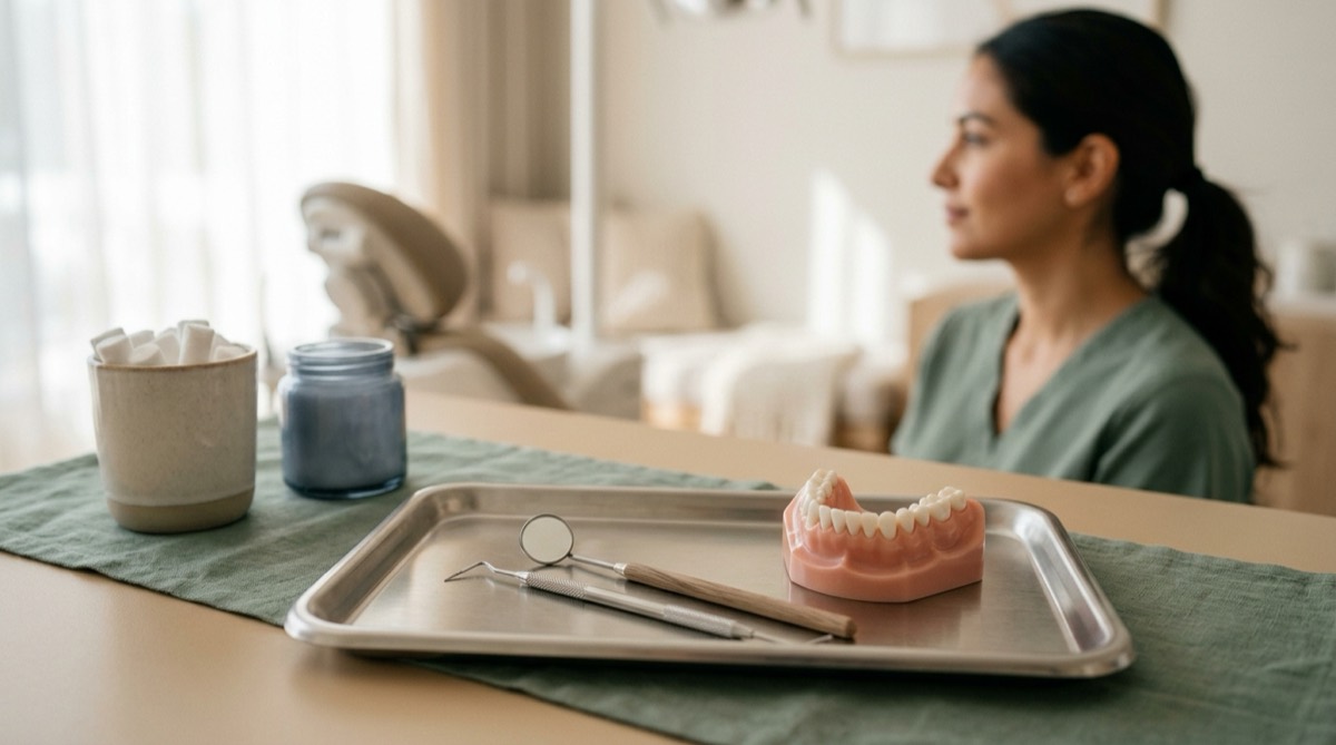 Sonda periodontal y espejo dental sobre una bandeja de acero junto a un modelo de encías, luz clínica suave, fondo salvia desenfocado
