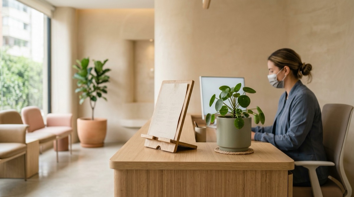 Mesa de recepción dental minimalista con un pequeño atril de madera y una hoja impresa, una planta y luz natural lateral