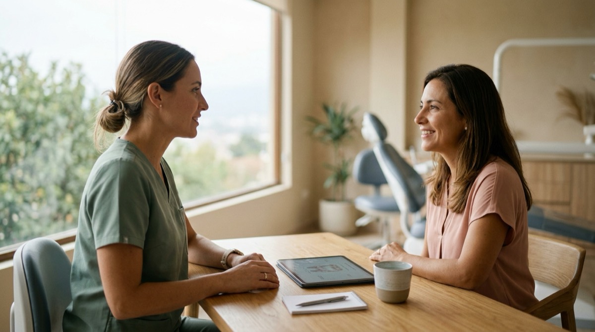 Dentista y paciente conversando sentados frente a frente en un consultorio luminoso, una tablet sobre la mesa entre ambos, ambiente sereno