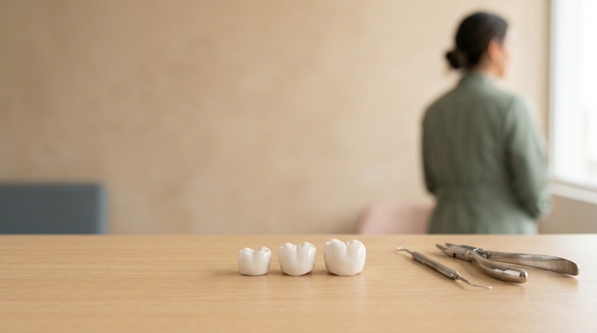 Tres piezas de cerámica blanca de tamaños crecientes alineadas sobre una mesa de madera clara junto a instrumental dental, fondo arena, luz suave