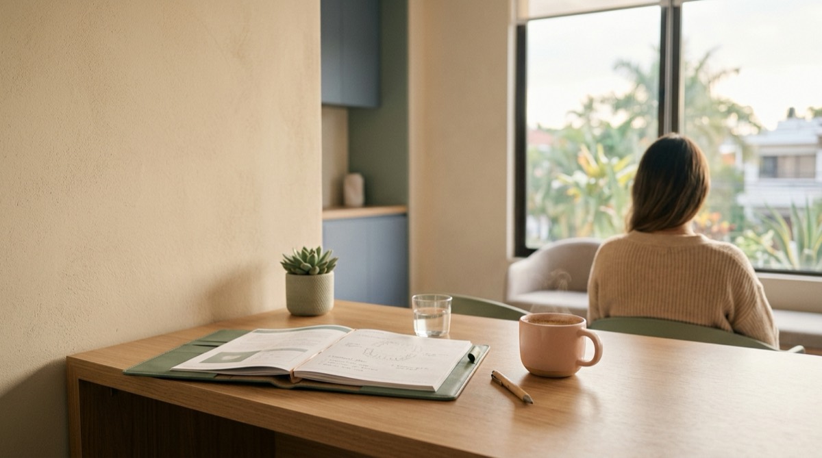 Escritorio de consultorio dental con una carpeta de plan de tratamiento abierta, una taza de café y una ventana con luz de mañana, tonos arena y salvia