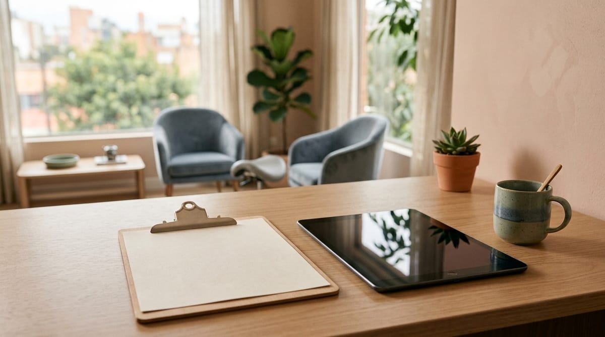 Tableta apagada y un portapapeles con una hoja en blanco sobre el escritorio de madera clara de un consultorio odontológico, una taza al lado y luz de la mañana entrando por la ventana