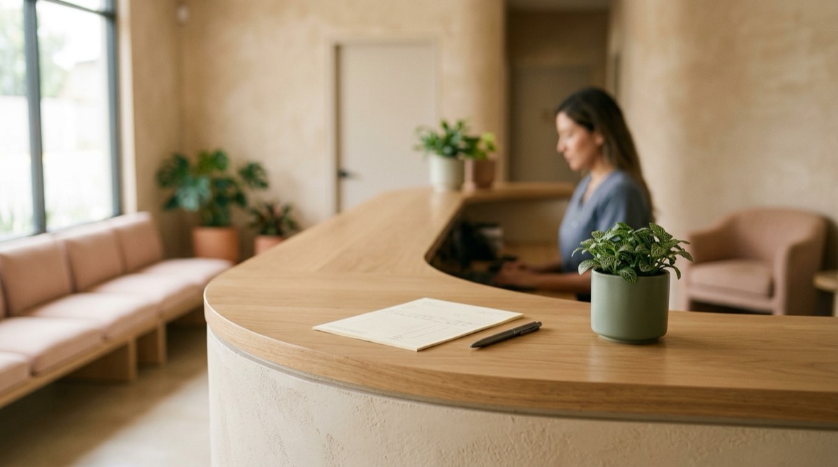 Recibo en blanco con líneas ilegibles sobre el mostrador de un consultorio dental junto a un bolígrafo y una planta pequeña, luz cálida, tonos arena y salvia