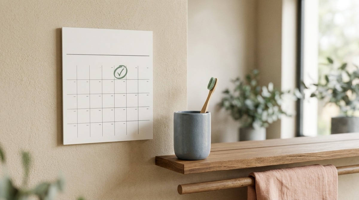 Calendario de pared minimalista con una fecha marcada en verde salvia junto a un cepillo de dientes en un vaso de cerámica, luz natural suave