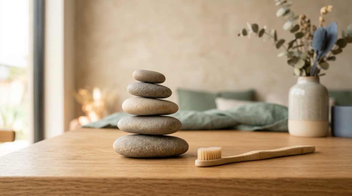 Cinco piedras lisas apiladas en equilibrio sobre una mesa clara junto a un cepillo de dientes de bambú, fondo arena suave