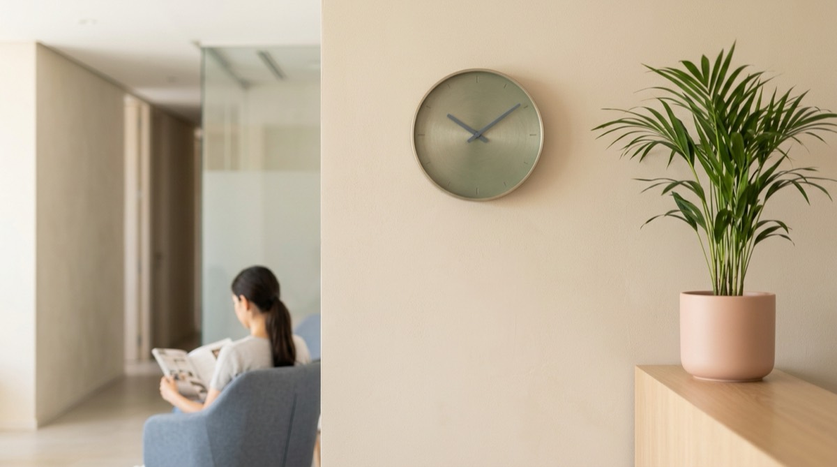 Reloj de pared minimalista sobre una pared color arena en la recepción de una clínica dental, desenfoque suave, una planta al lado