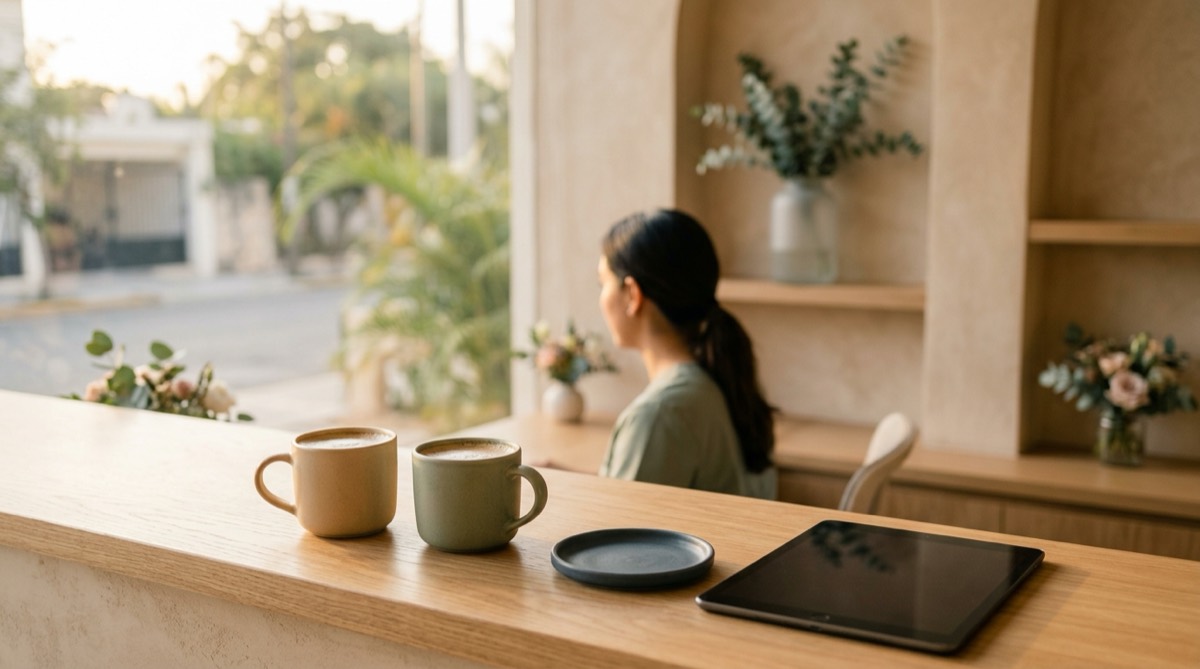 Dos tazas de café sobre el mostrador de una recepción dental vacía al amanecer, una tablet apagada al lado, luz dorada suave