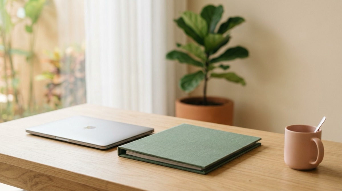 Carpeta clínica cerrada color salvia y una laptop cerrada sobre el escritorio de un consultorio odontológico, con una planta al fondo desenfocada, luz natural
