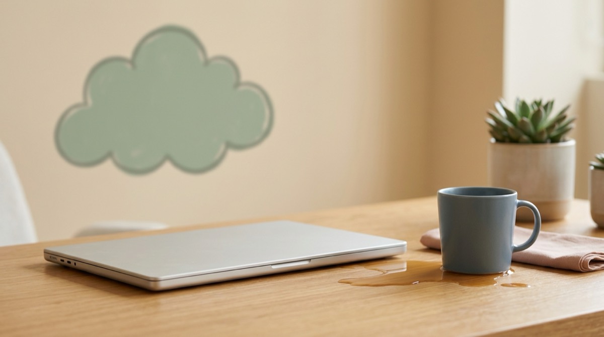 Laptop cerrada con una taza de café derramada al lado sobre un escritorio de madera, en contraste una nube suave dibujada en la pared de fondo, luz natural