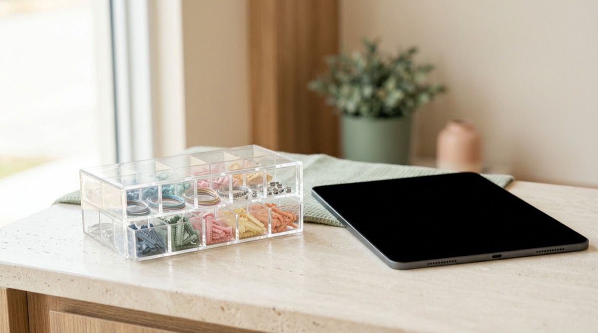 Caja organizadora con arcos y ligaduras de ortodoncia de colores suaves junto a una tablet apagada sobre un mesón claro, luz natural, tonos salvia y arena