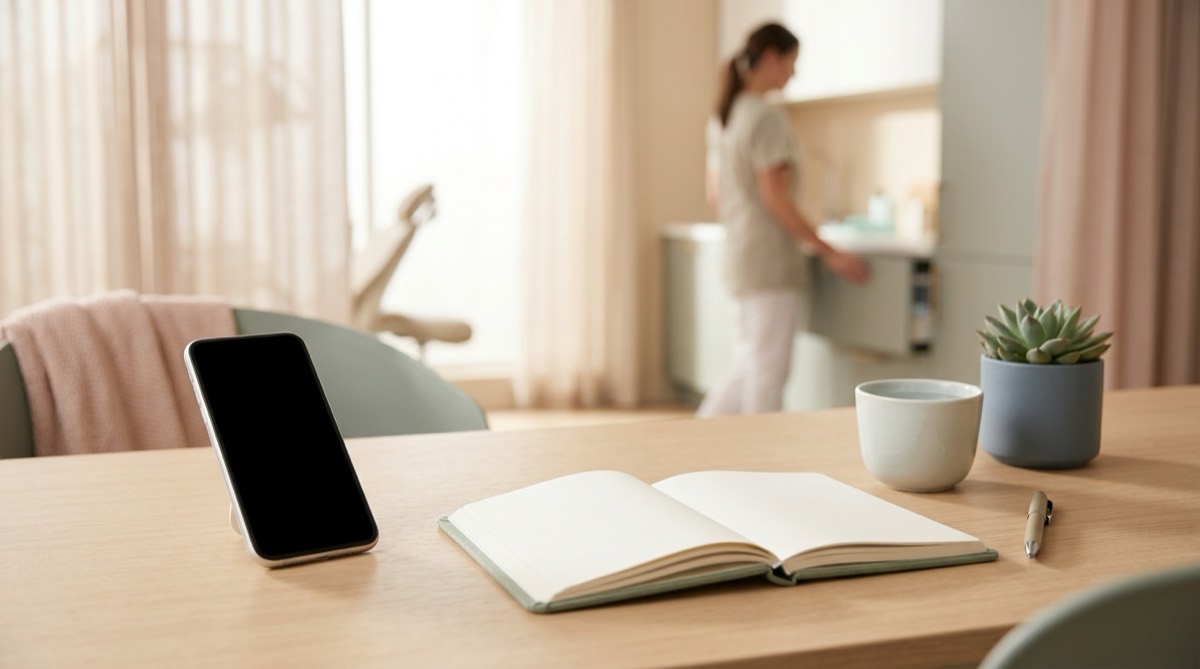 Celular apoyado sobre un escritorio de consultorio dental junto a una agenda abierta y un vaso de agua, luz natural, colores suaves, pantalla sin texto