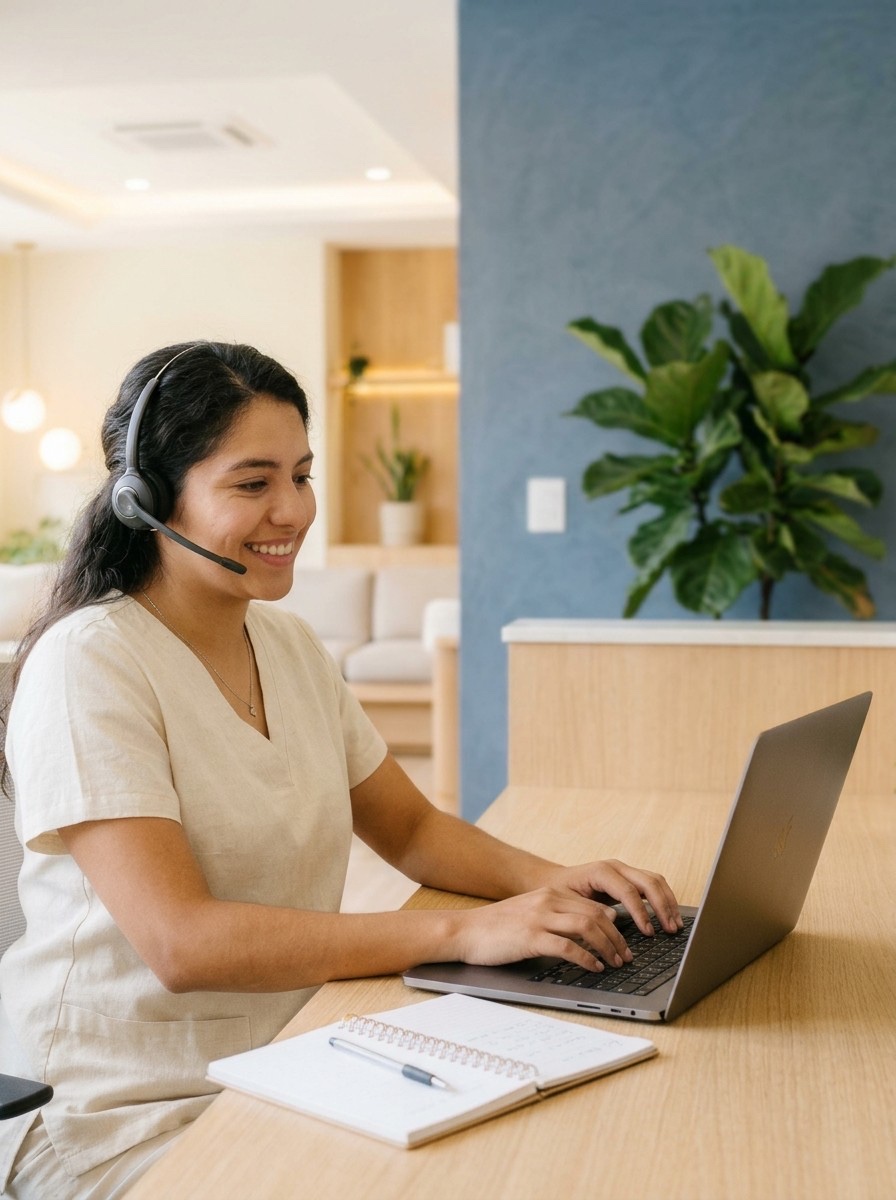 Recepcionista de una clínica dental atendiendo una llamada con la computadora